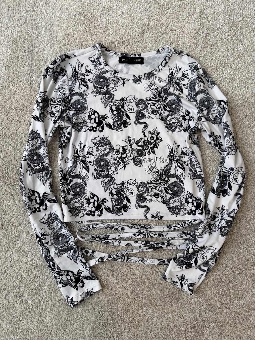 Black & White Floral Dragon Long-Sleeve Crop Top